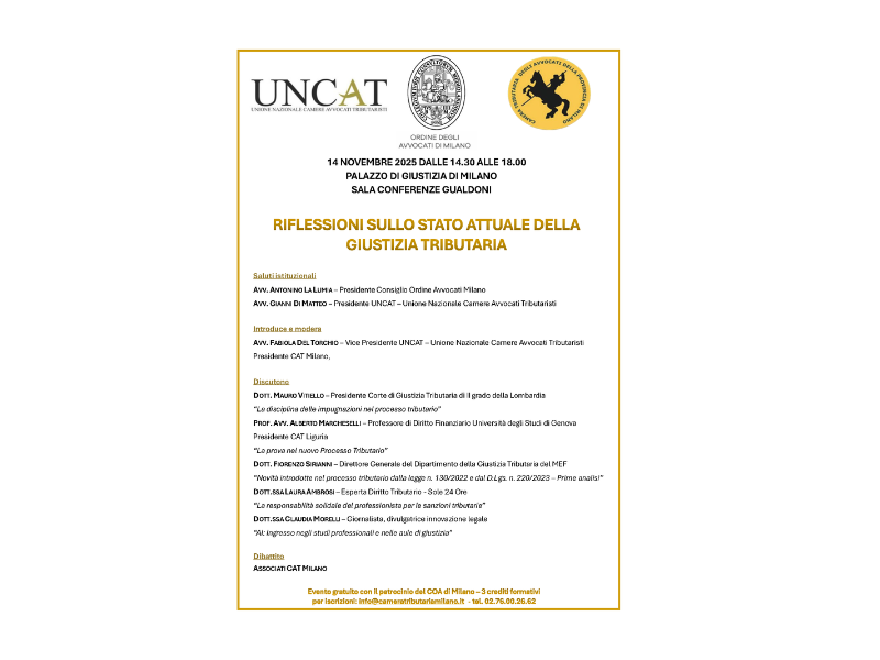 Milano- 14 novembre: Riflessioni sullo stato attuale della Giustizia Tributaria